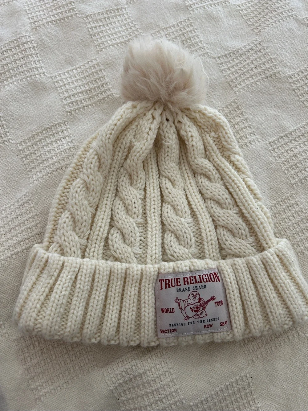 True Religion  Cream Cable-Knit Pom Beanie with Logo Patch